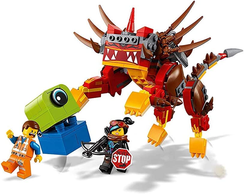 Robot rosso LEGO Movie 2 con volto mostruoso e minifigure, set 70827