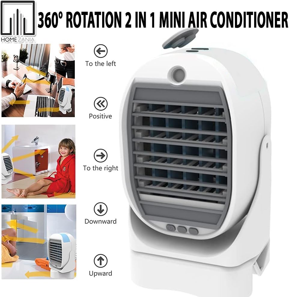 Mini condizionatore portatile bianco, griglia frontale e indicazioni rotazione 360°