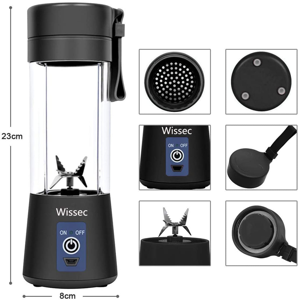Mixer portatile USB, base nera e contenitore trasparente, sei lame 3D