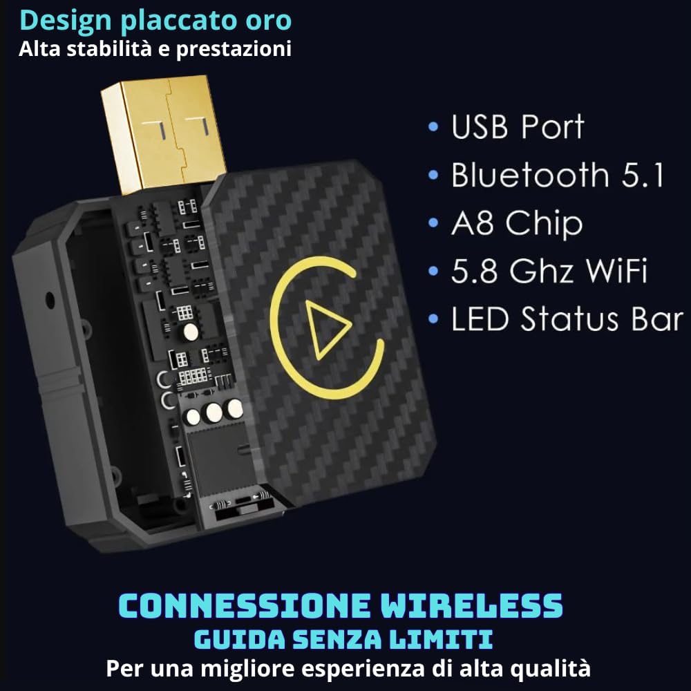 Adattatore wireless nero con pannello carbonio, porta USB e dettagli interni