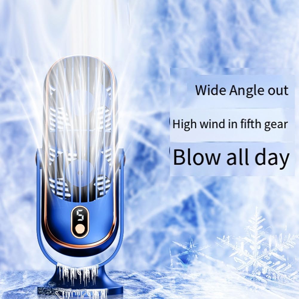 Ventilatore da tavolo senza pale blu con base e griglia verticale