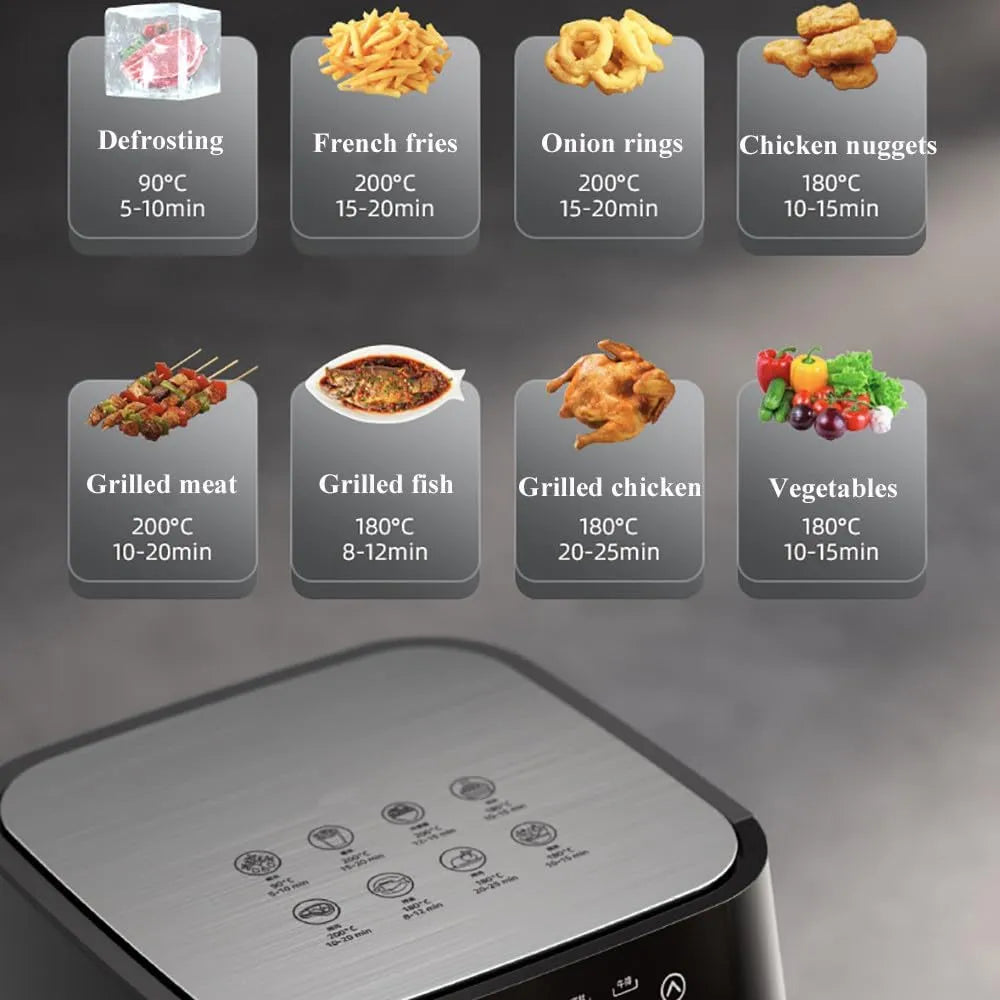 Friggitrice ad aria con pannello superiore e programmi di cottura illustrati