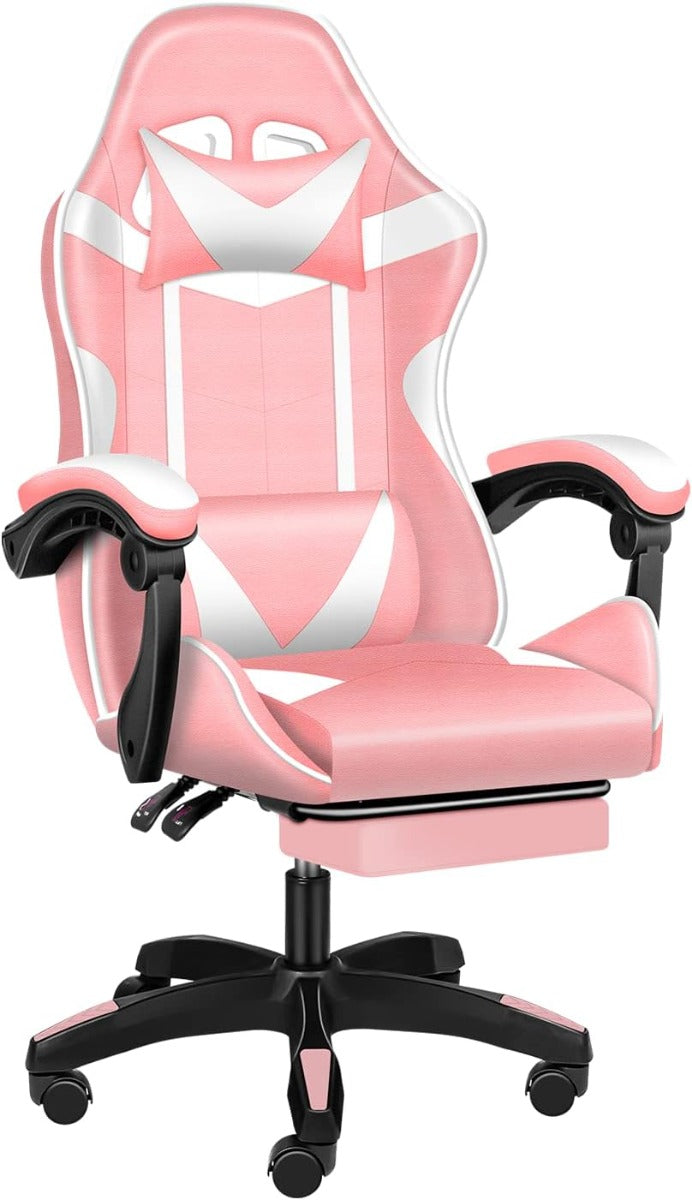 Poltrona gaming rosa reclinabile con poggiapiedi estraibile, cuscini lombare e cervicale