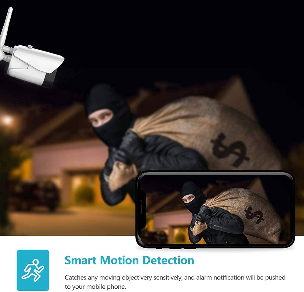 Telecamera Wi‑Fi esterna bianca con antenna e smartphone con video
