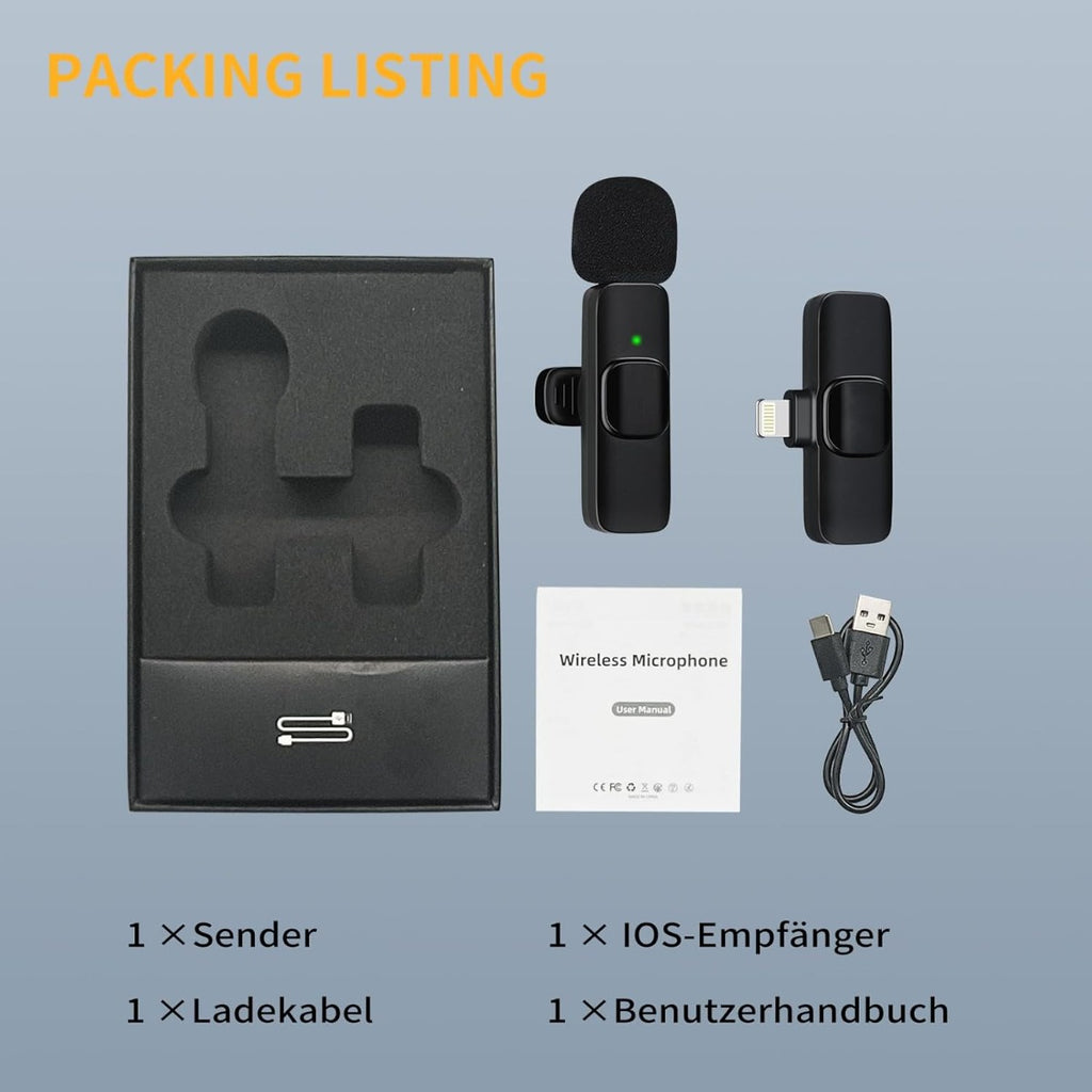 Microfono lavalier wireless nero in confezione con manuale e cavo USB