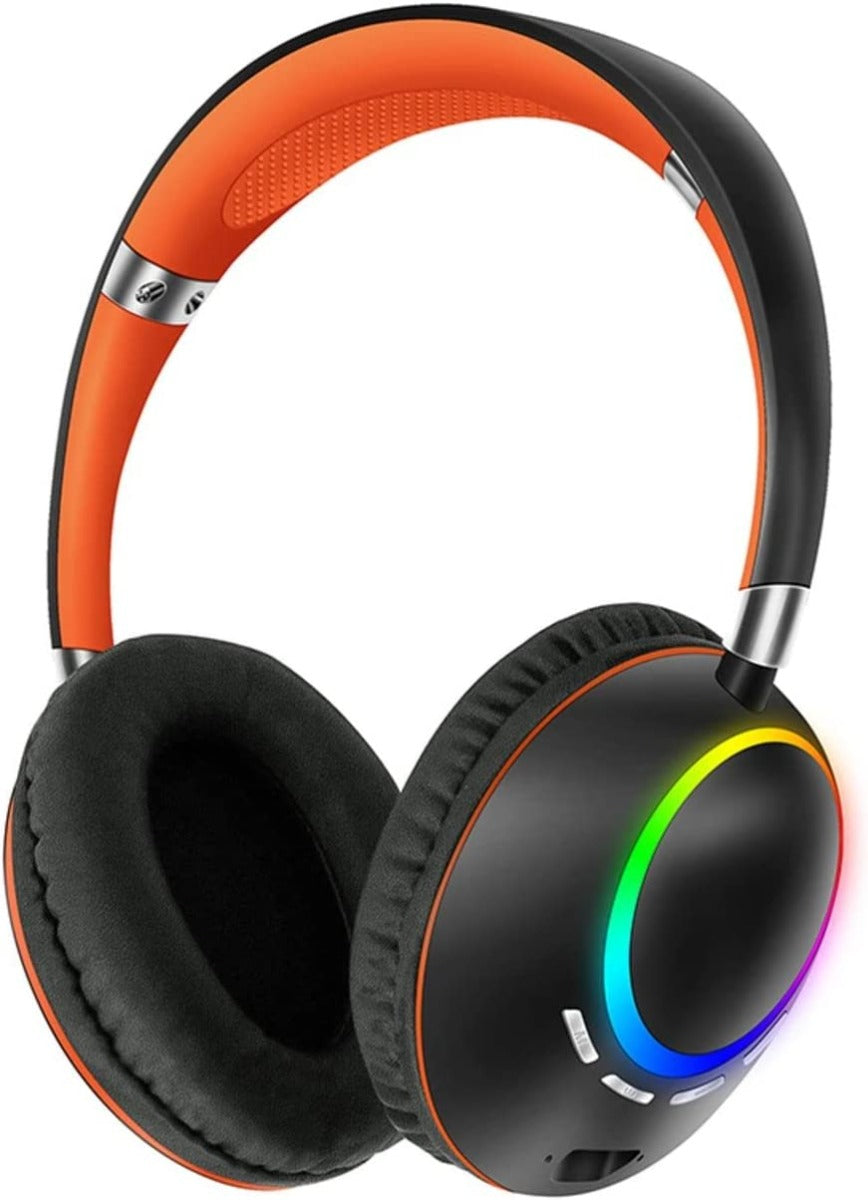 Cuffie gaming over-ear nere con archetto arancione e luci RGB colorate sul pad
