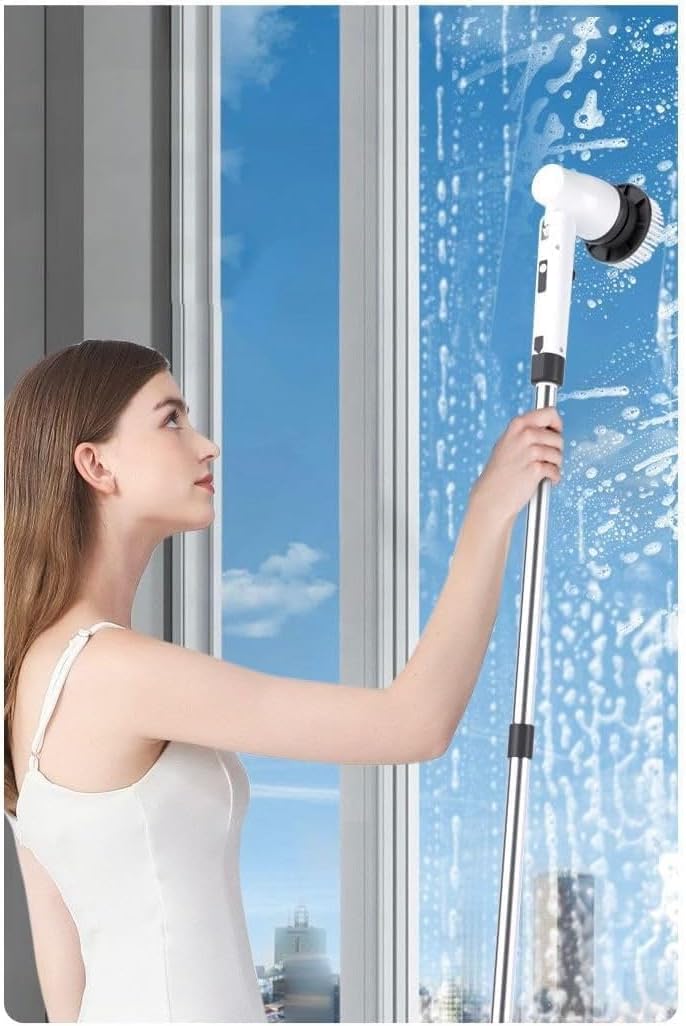Spazzola Elettrica Roteante per Pulizia con 7 Testine Intercambiabili, Impugnatura Regolabile e Senza Fili per Bagno, Cucina e Auto