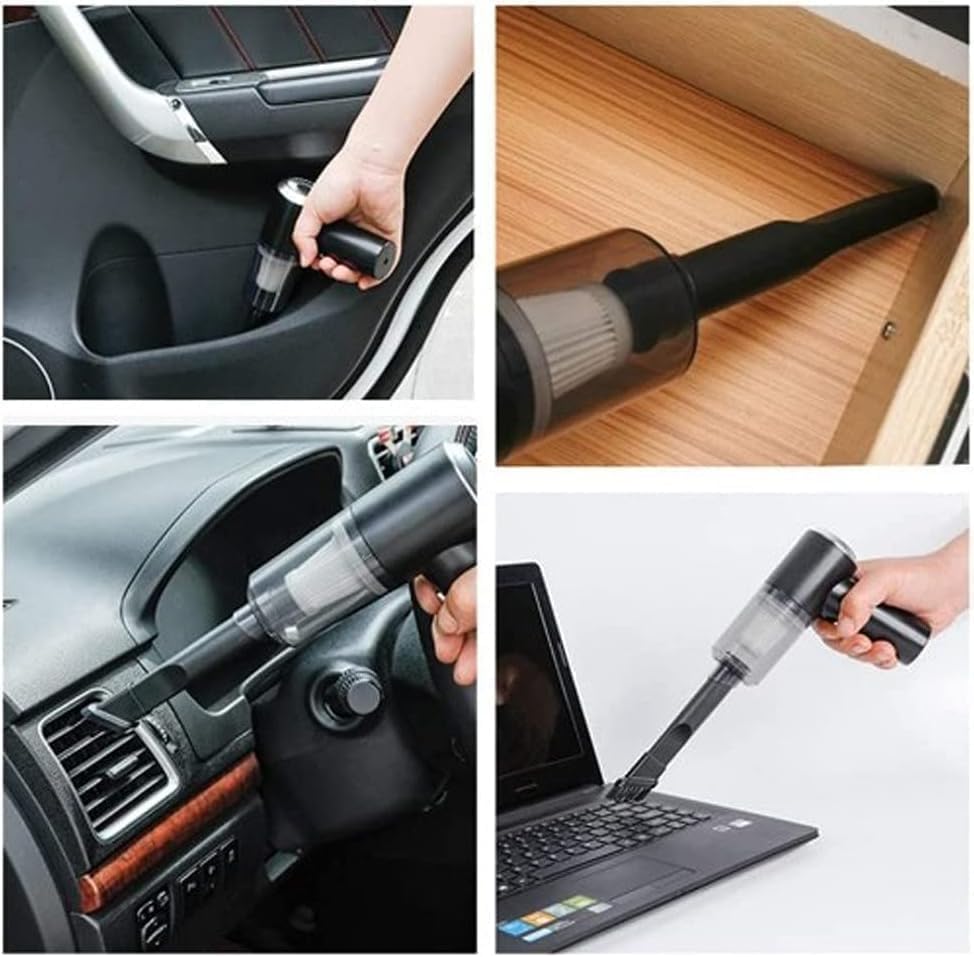 Mini aspirapolvere portatile nero con bocchetta lunga per sedili e interni auto.