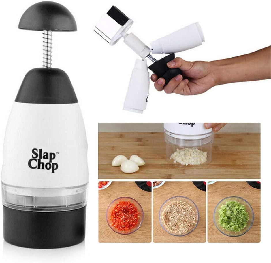 Spremiaglio manuale Slap Chop bianco e nero con accessori e vite centrale