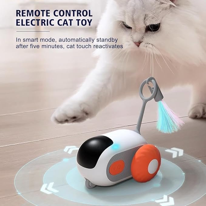 Giocattolo per gatti elettrico bianco e arancione con piuma azzurra, su pavimento con luce