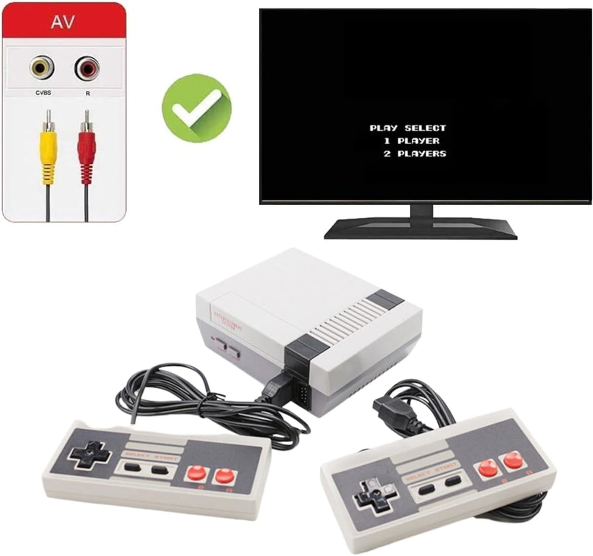 Console retrò portatile bianca con due controller e cavi AV