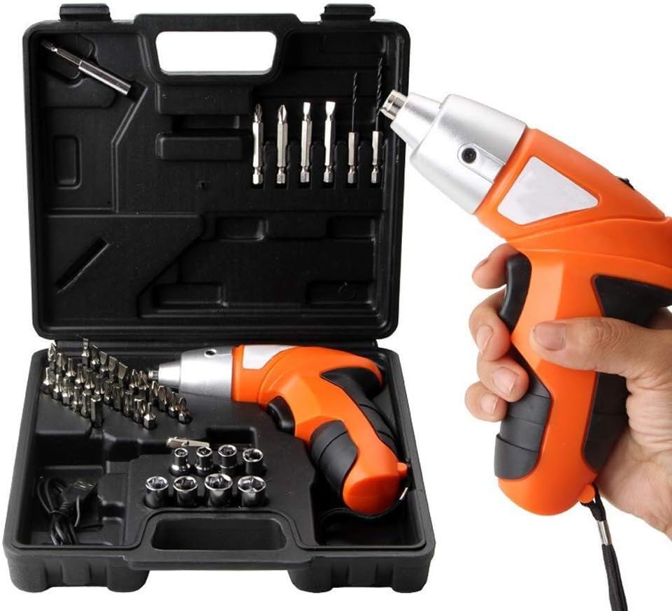 Trapano avvitatore wireless arancione con valigetta nera aperta e punte