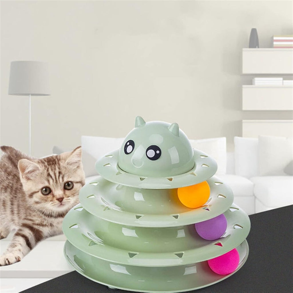 Torre gioco per gatti a 3 livelli verde chiaro con palline e orecchie sulla cima