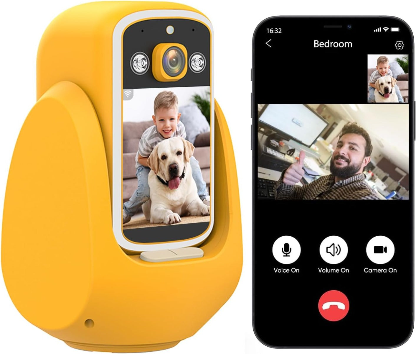 Videocamera di sicurezza indoor gialla con display e luce notturna, videocall sul telefono