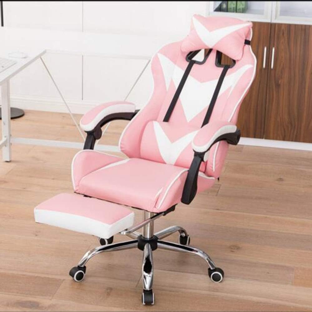 Poltrona gaming rosa con poggiapiedi, braccioli imbottiti e cuscino lombare e cervicale