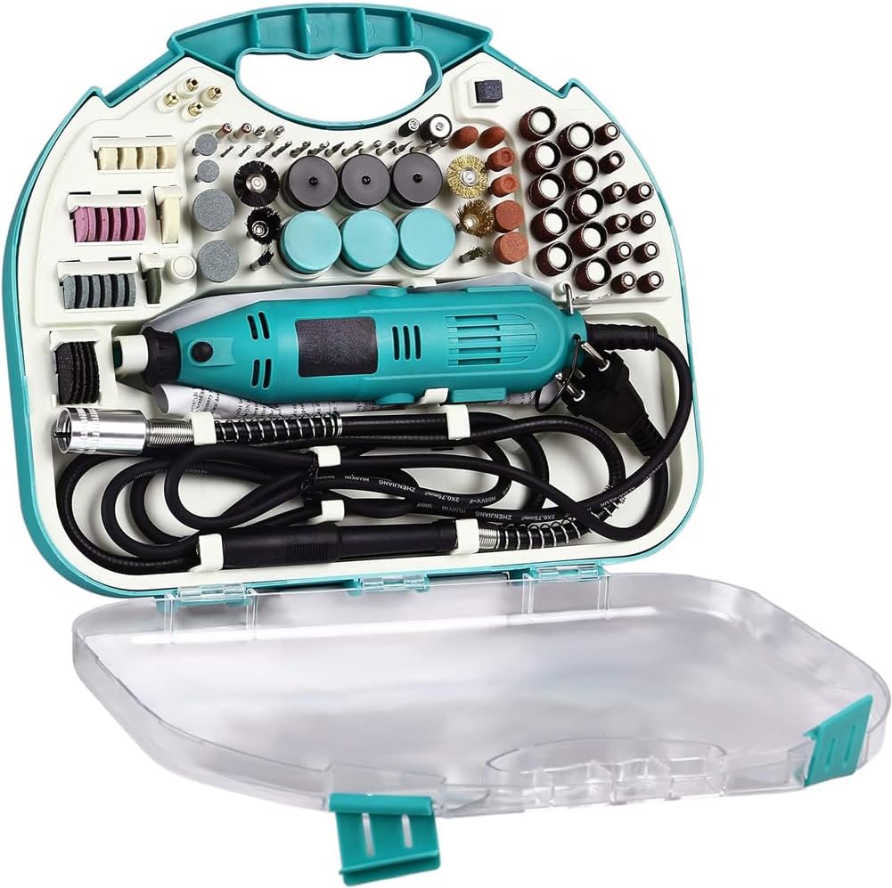 Mini smerigliatrice elettrica teal con valigetta accessori e utensile rotativo