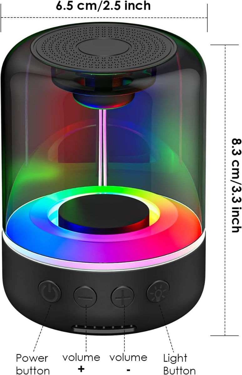 Mini cassa Bluetooth compatta: 6,5 cm, 3,8 cm, anello LED RGB e 4 pulsanti