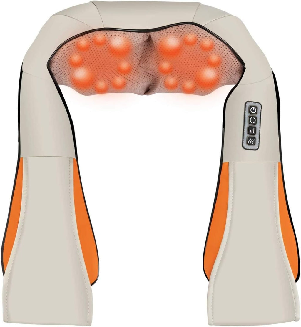 Massaggiatore cervicale e schiena beige con rete arancione riscaldante e comandi