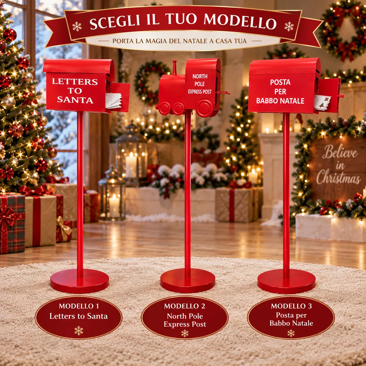 Cassetta postale natalizia rossa “LETTERS TO SANTA” su piedistallo rotondo