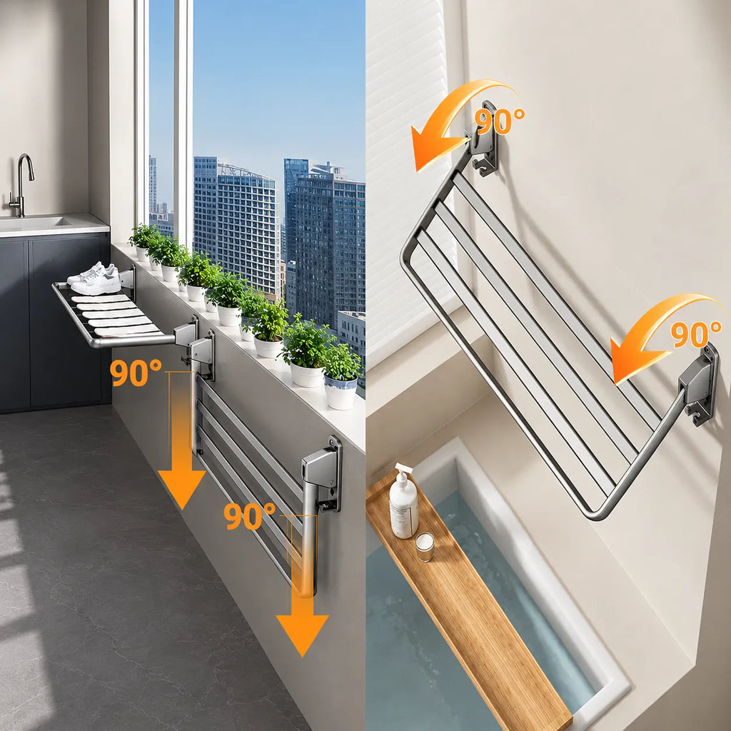 Stendibiancheria da parete pieghevole in acciaio inox, a 90°, con 3 barre