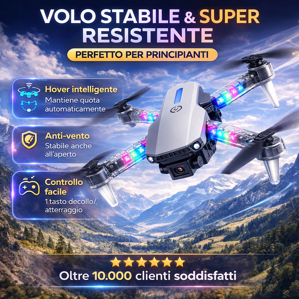 Drone pieghevole con luci LED RGB multicolore e fotocamera, bracci e eliche aperti.