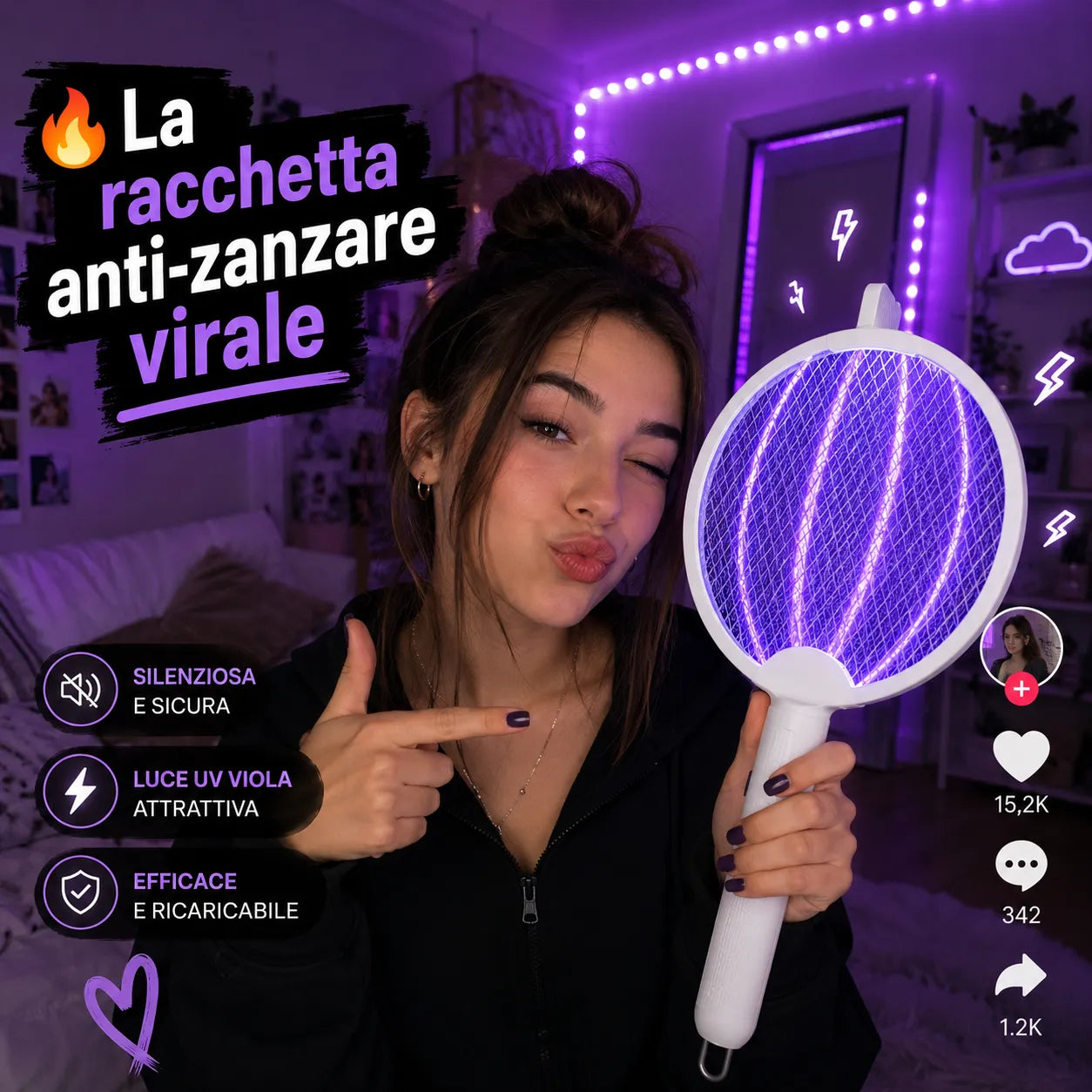 Racchetta Zanzare Elettrica 2 in 1 con Lampada UV Antizanzare Pieghevole USB Ricaricabile per Casa Campeggio Giardino
