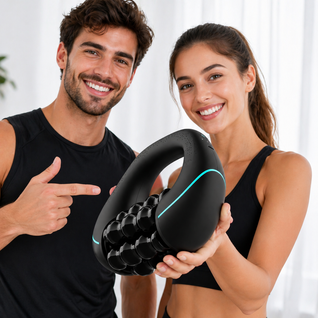Massaggiatore muscolare elettrico nero con rulli percussivi e manico curvo.