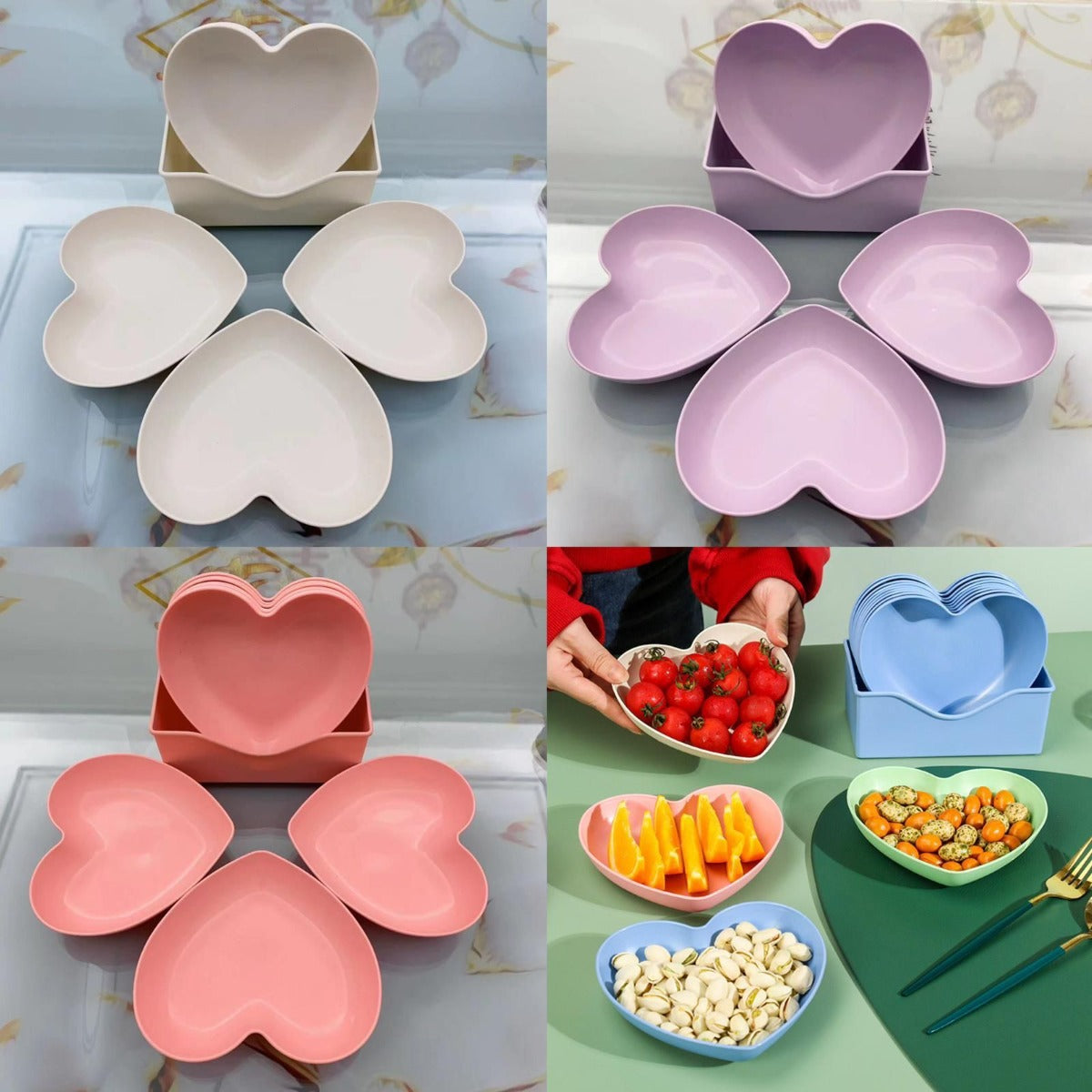 Piatti a forma di cuore in plastica, colori assortiti bianco, viola, rosa e azzurro