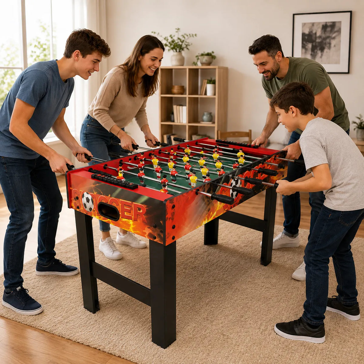 Tavolo da calcio balilla rosso con campo verde e maniglie nere, giocato da persone.