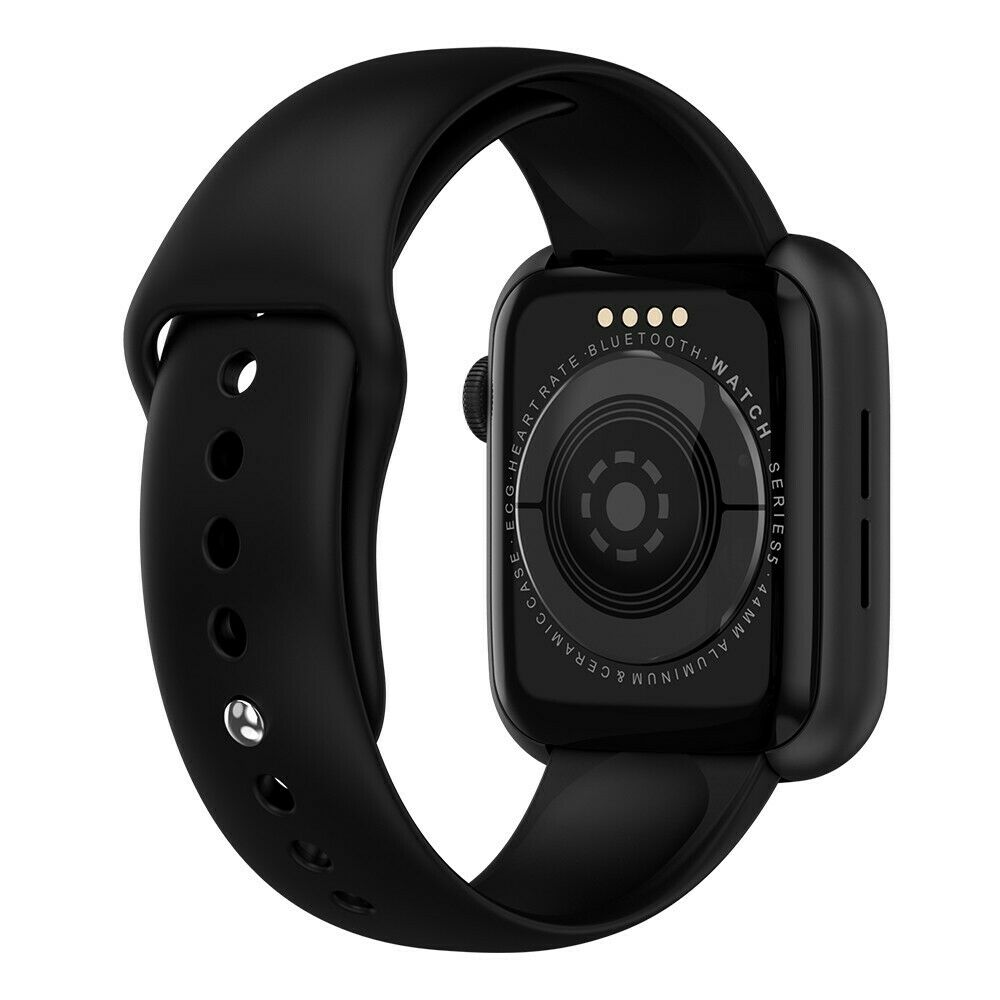 Smartwatch nero con cinturino in silicone e lato posteriore, pulsanti e sensori visibili