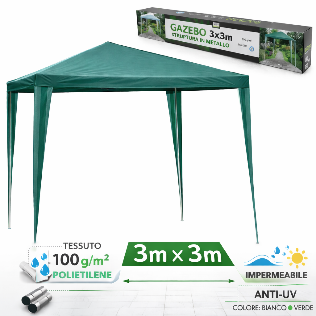 Gazebo 3x3 m da Esterno con Struttura in Ferro e Telo in Polietilene 100g – Altezza 2,45 m – Robusto, Impermeabile, Facile da Montare