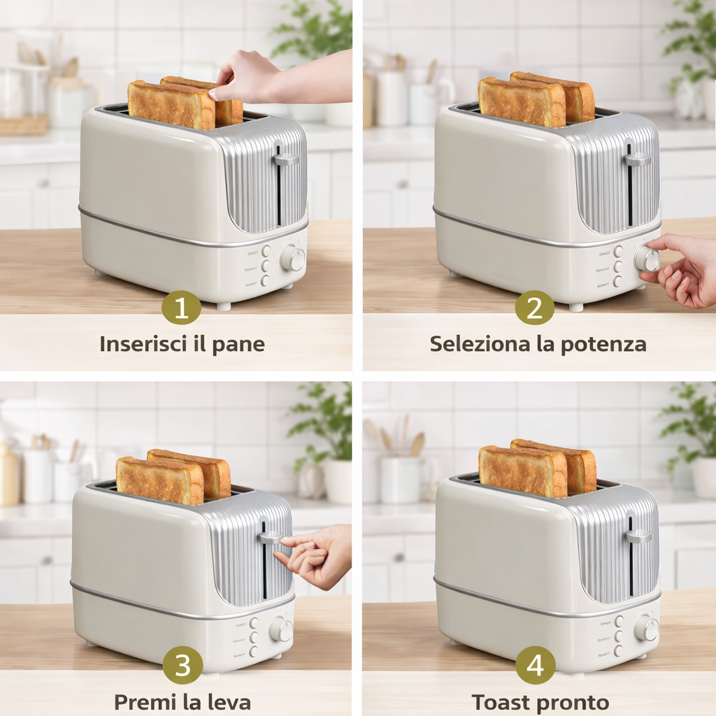 Tostapane a 2 fette bianco con toast, mano che inserisce e seleziona la leva
