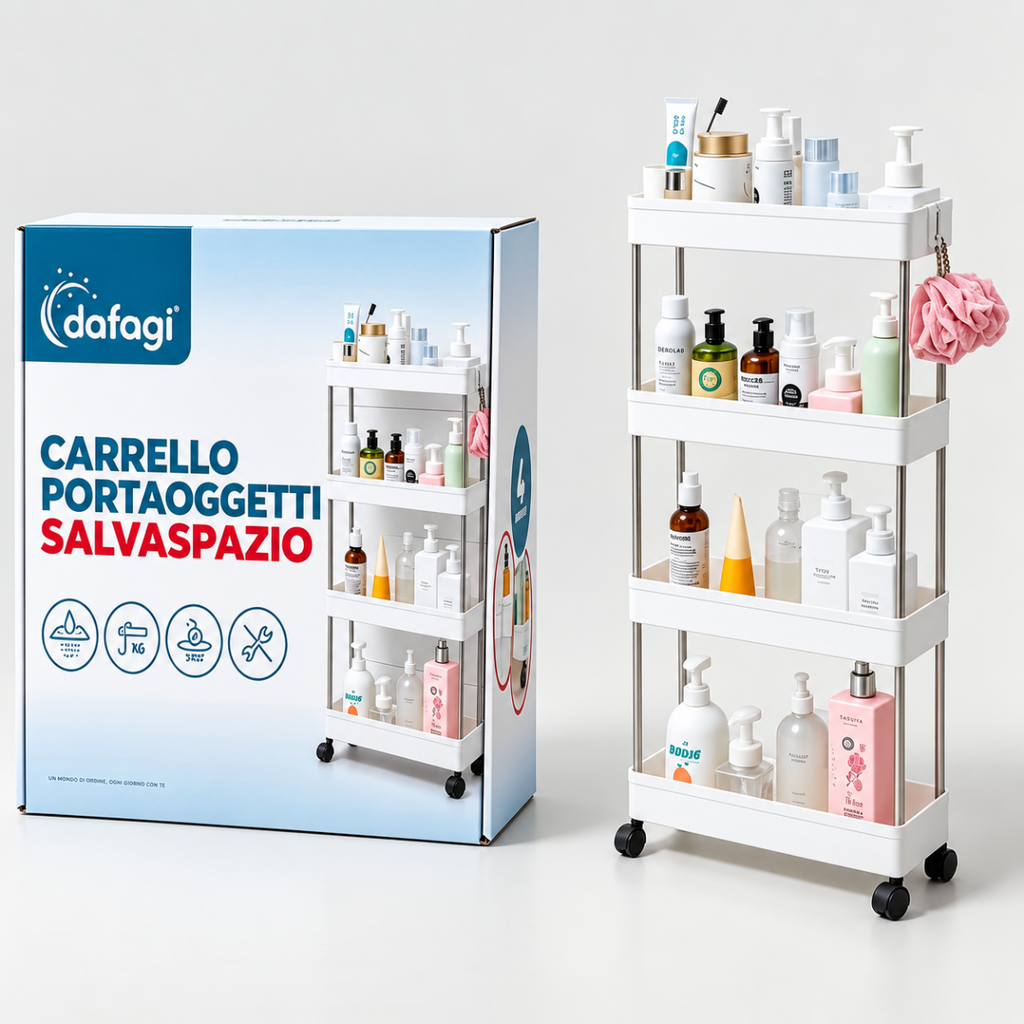 Confezione e carrello portaoggetti bianco a 4 ripiani con ruote, organizer salvaspazio