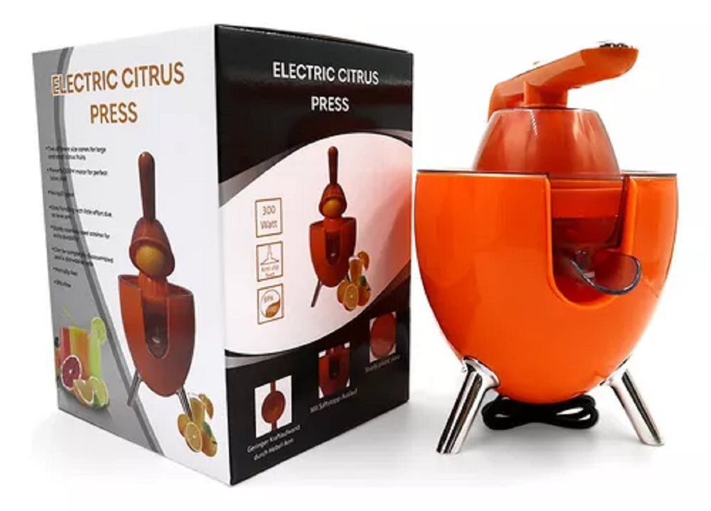 Confezione e spremiagrumi elettrico arancione con beccuccio e base