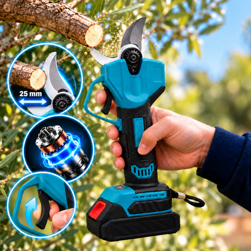 Cesoia elettrica a batteria con lama curva su ramo, impugnatura blu tenuta a mano