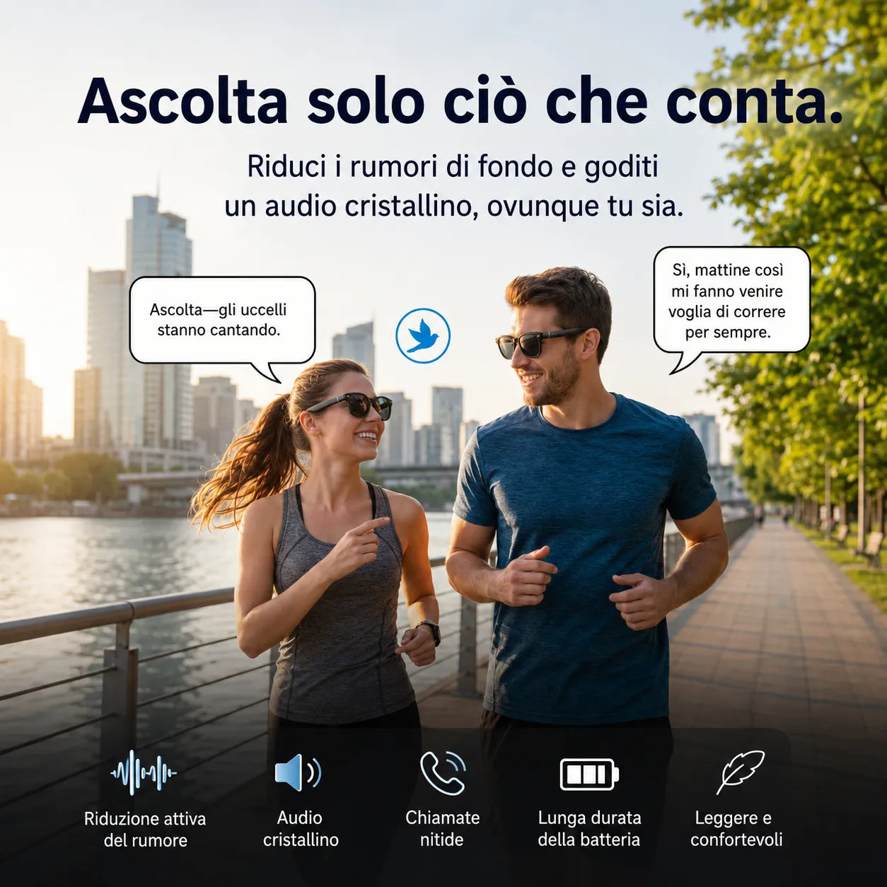 Occhiali smart su coppia in corsa, montatura nera e lenti scure