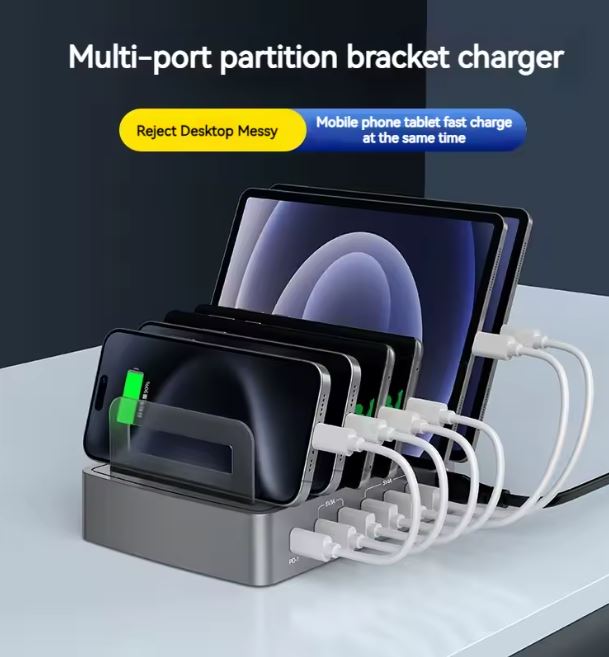 Stazione di ricarica multipla 6 in 1 con base grigia e dispositivi in carica