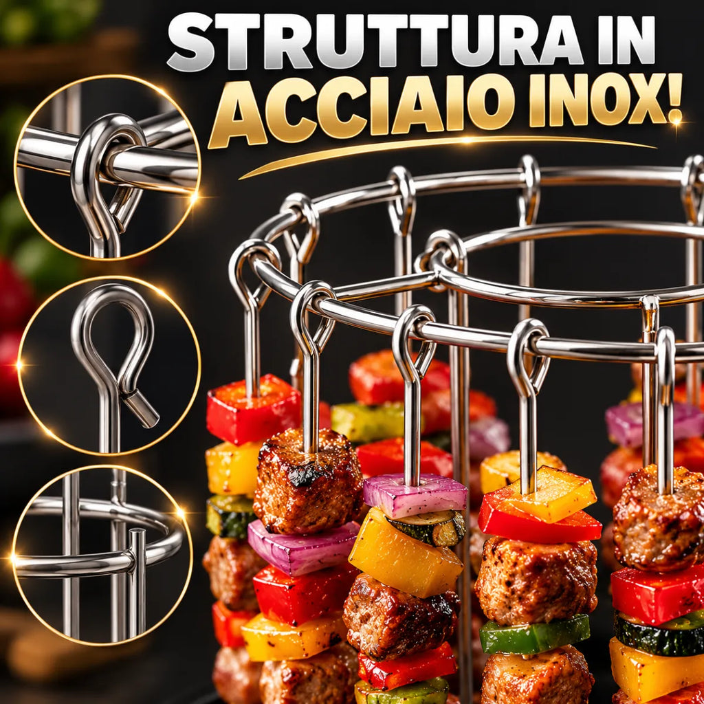 Griglia per Friggitrice ad Aria in Acciaio Inox con 24 Spiedini Verticali Rimovibili, Supporto Circolare per Kebab, Carne, Pollo, Pesce e Verdure