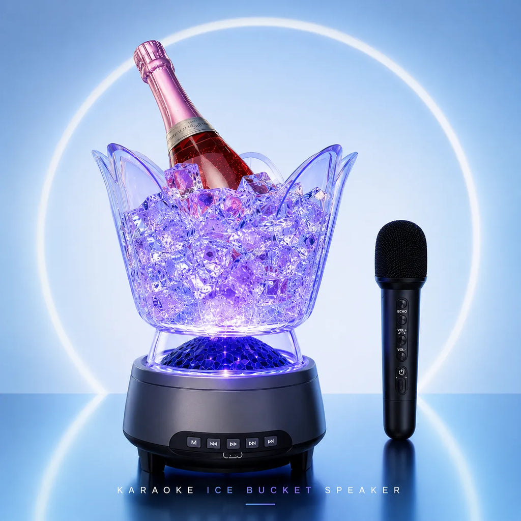 Secchiello ghiaccio altoparlante karaoke con microfono, LED viola e cerchio blu.
