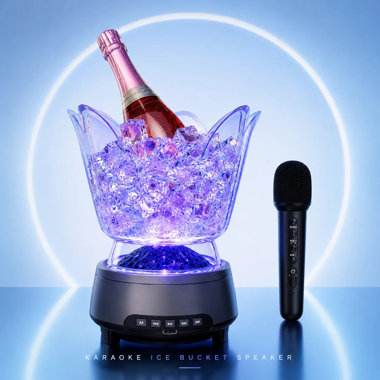 Secchiello ghiaccio altoparlante karaoke con microfono, LED viola e cerchio blu.