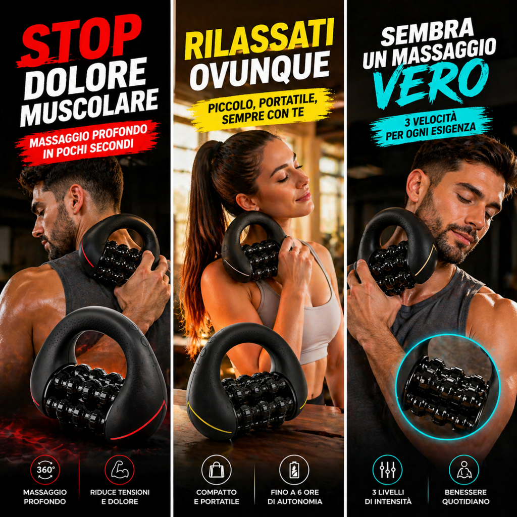 Massaggiatore muscolare elettrico nero a rulli percussivi con luce blu sul profilo.
