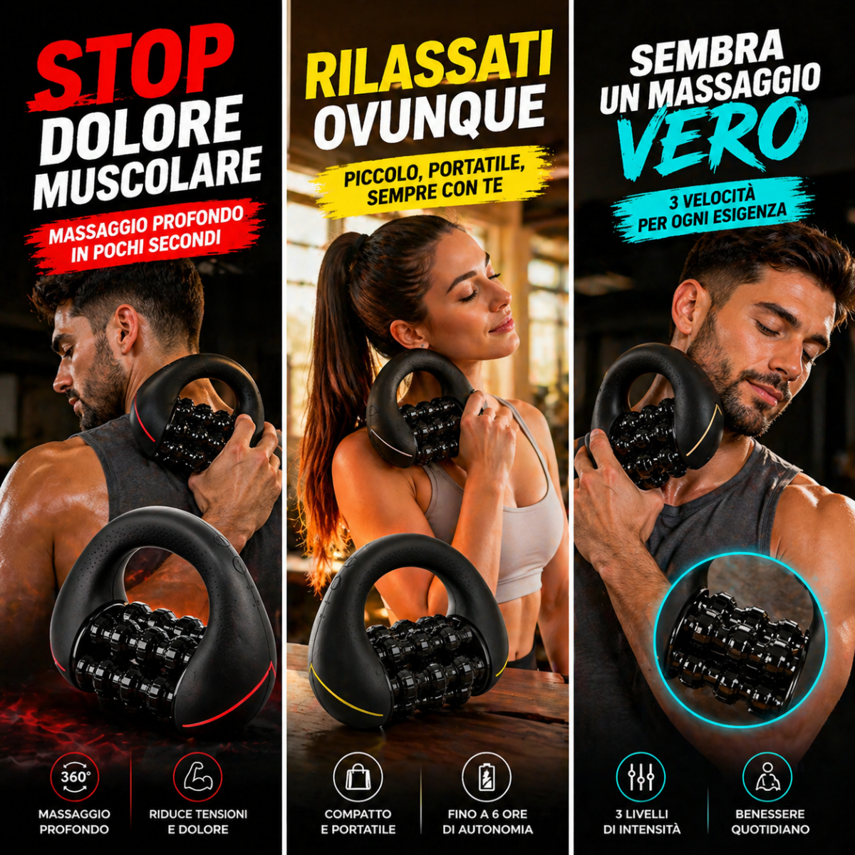 Massaggiatore muscolare elettrico nero a rulli percussivi con luce blu sul profilo.