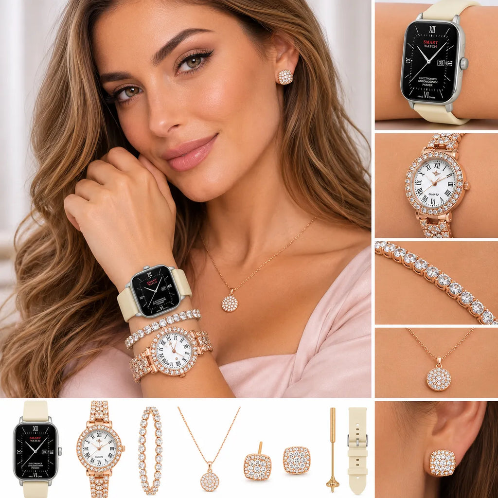 Orologio intelligente da donna con cinturino bianco e display nero, abbinato a bracciale
