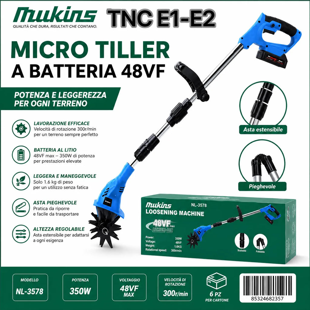 Micro tiller a batteria blu con asta regolabile e testina rotante, pieghevole per trasporto