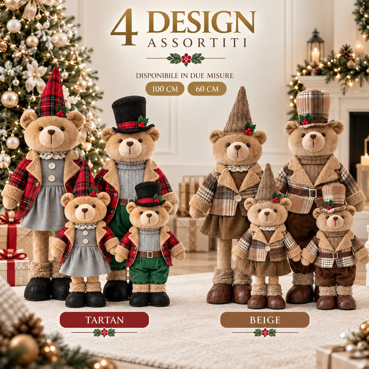 Set di orsetti natalizi in tessuto tartan e beige, lui e lei con due piccoli