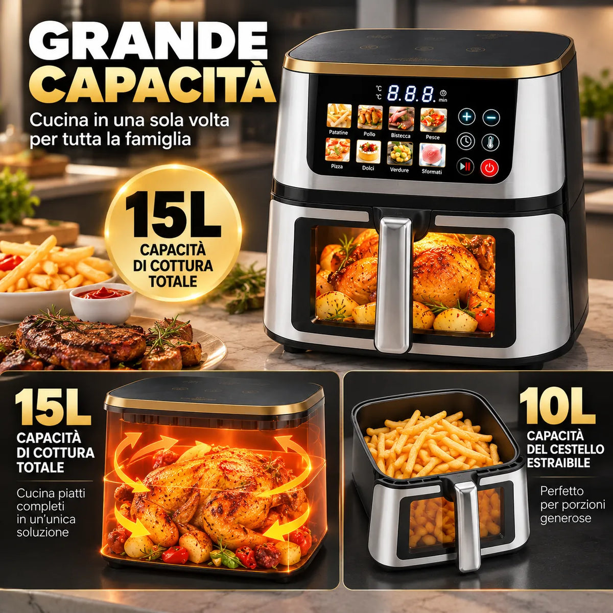 Friggitrice ad aria grande capacità 15 L con cestello frontale e finestra in vetro