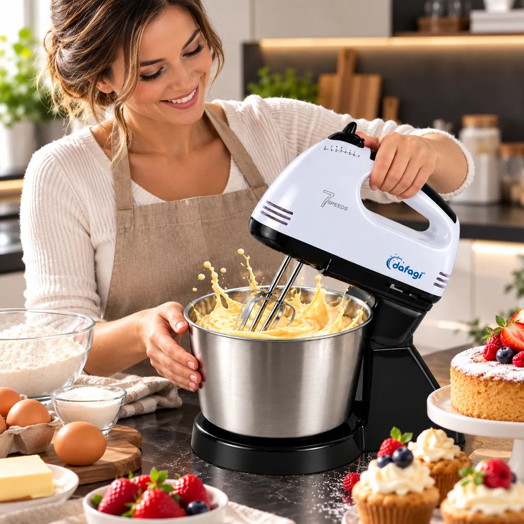 Sbattitore elettrico bianco/nero con ciotola inox e fruste metalliche, pronto per impasti.