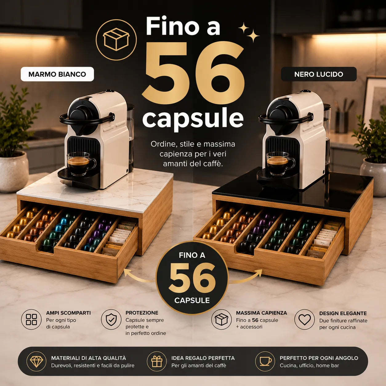Cassetto portacapsule in bambù con piano in vetro, macchina caffè bianca, 56 capsule
