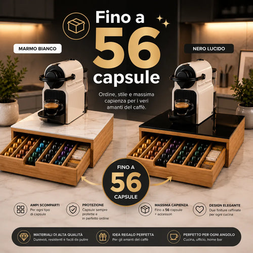Cassetto portacapsule in bambù con piano in vetro, macchina caffè bianca, 56 capsule