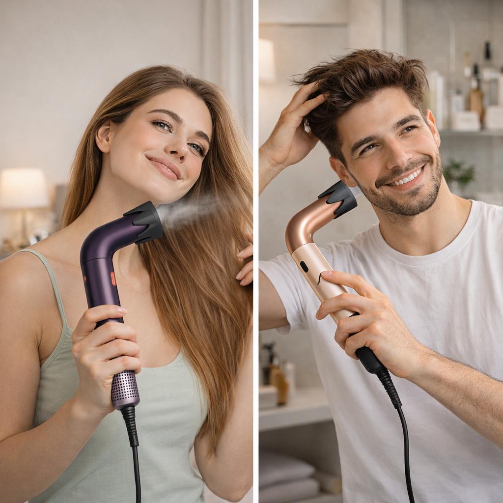 Asciugacapelli viola senza pale in mano, getto d’aria verso i capelli